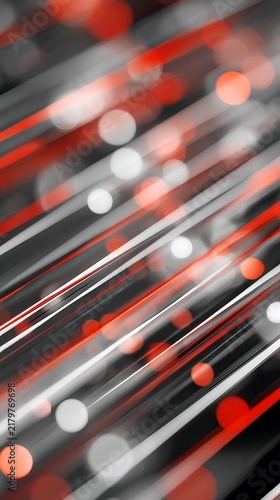 Abstract red and grey light beams with soft bokeh circles