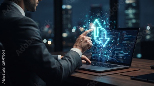 Businessman in a suit using a smartphone that projects a holographic financial coin stack icon upward, futuristic business technology concept, digital transformation