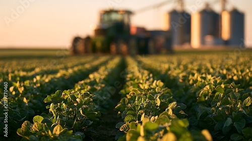 Rows of young soybean plants in a sunny agricultural field