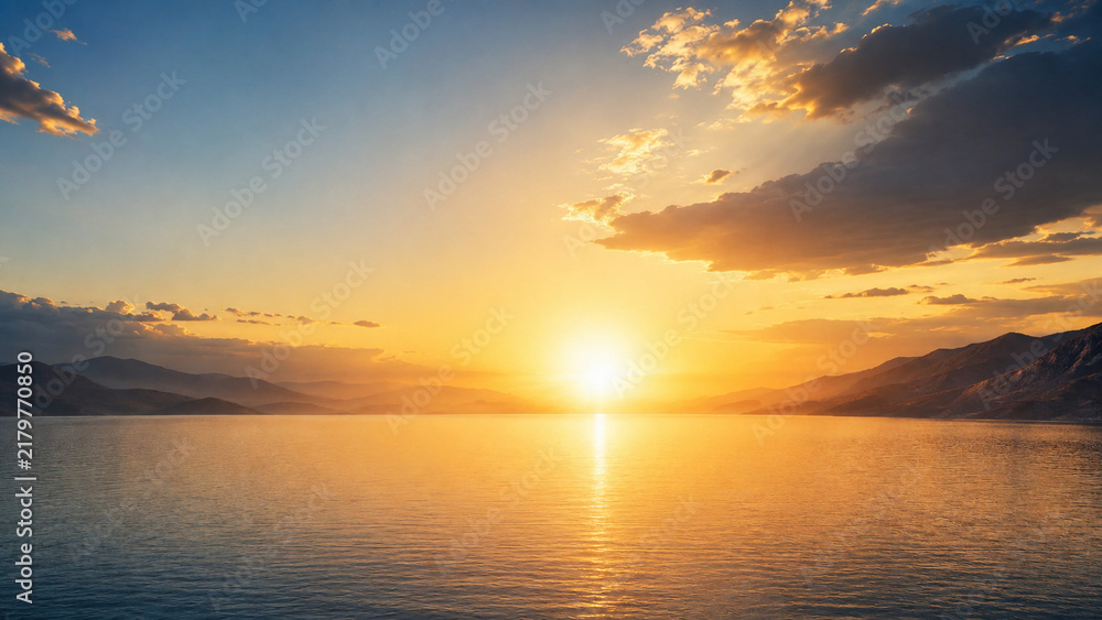Fototapeta premium Golden sunrise over a tranquil mountain lake with dramatic clouds, calm reflections, and a peaceful horizon, creating a serene natural landscape
