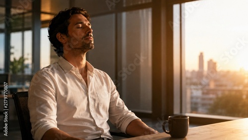 Mindful entrepreneur embracing a peaceful moment in a sunlit modern office, eyes closed in reflection, minimalist workspace