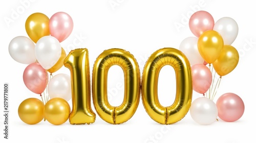 Goldene Folienballons in Form der Zahl 100 mit rosafarbenen und weissen Luftballons