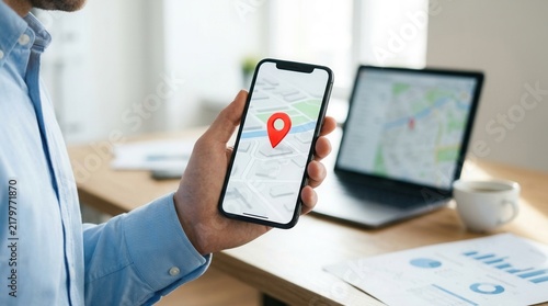 Person holding a smartphone with a local map and navigation interface for online shopping support.
