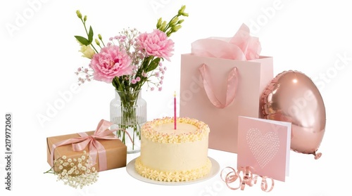 Geburtstagsstillleben mit Torte, Kerze, Blumen, Geschenk und Ballon in Rosa