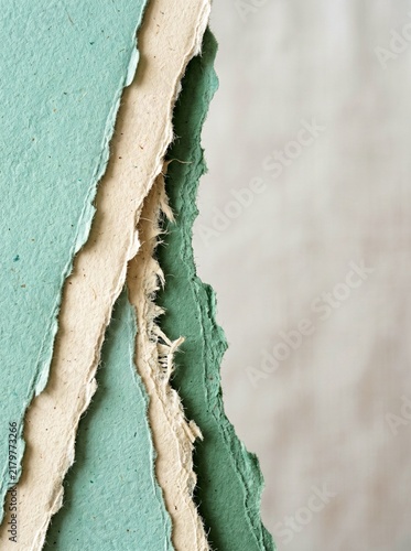 Abstract Composition of Handcrafted Torn Paper Sheets with Textured Edges in Sage Green and Off-White Tones for Minimalist Design