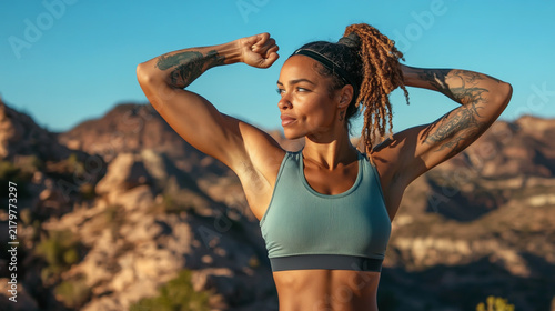 Athletic woman with tattoos posing outdoors in desert mountains during sunny day fitness model sports bra outdoor workout muscular physique