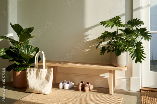 観葉植物と木製ベンチがある明るい玄関