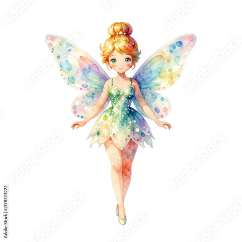 Watercolor illustration of a cute fairy with colorful butterfly wings and green dress