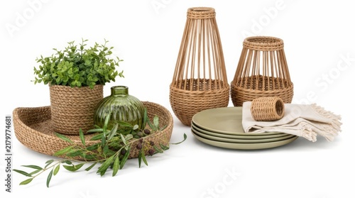 Geflochte Korbartikel und Geschirr im natuerlichen Boho-Stil