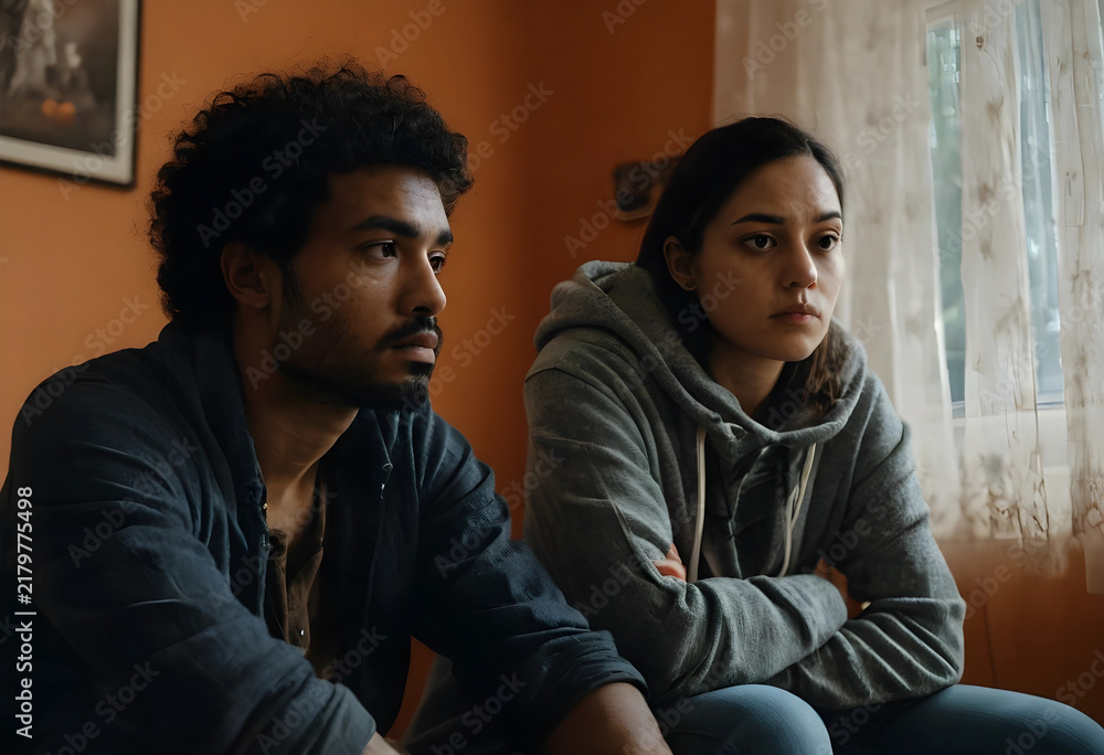 Obraz premium Relationship conflict and emotional distance, young couple sitting together at home feeling disconnected and unhappy with serious expressions in living room