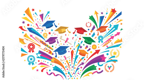 Colorful graduation vector illustration featuring various mortarboard hats with bright confetti and vibrant arrows exploding outwards in a festive pattern representing academic achievement and success