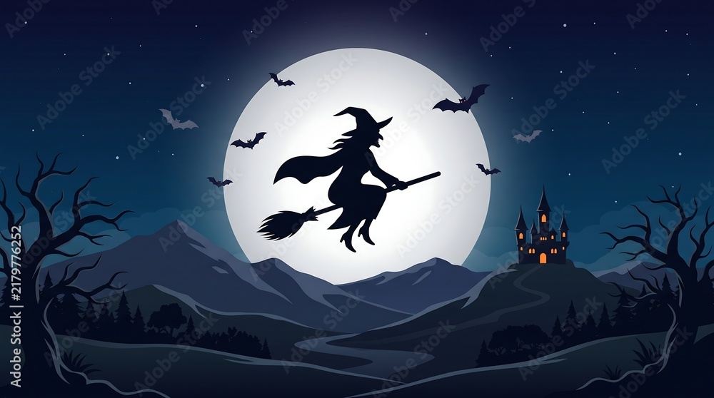 Fototapeta premium Witch flying on a broomstick against a full moon at night