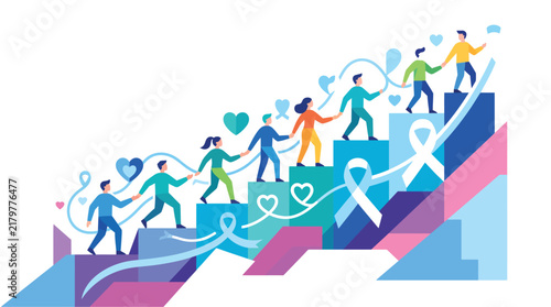 Diverse people climbing colorful rising steps holding hands in a flat vector illustration depicting community support unity cooperation awareness ribbons and shared goals for health and social 