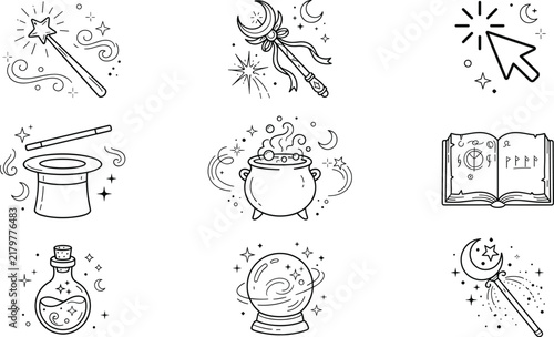 Bild auf Leinwand Magic and wizardry vector icon set featuring magic wands cauldron crystal ball p
