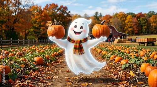 Cute ghost character holding pumpkin, happy spirit in autumn field, scary afternoon photo for holidays, colorful Halloween scenes isolated on White Background Happy Halloween