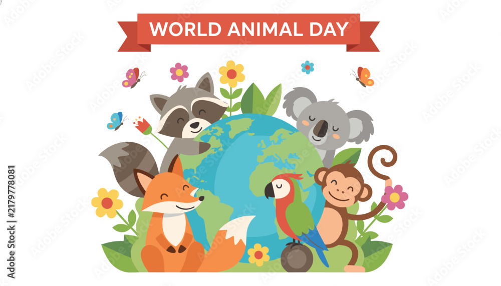 Fototapeta premium World animal day illustration features variety of happy wild animals including raccoon koala fox parrot and monkey.