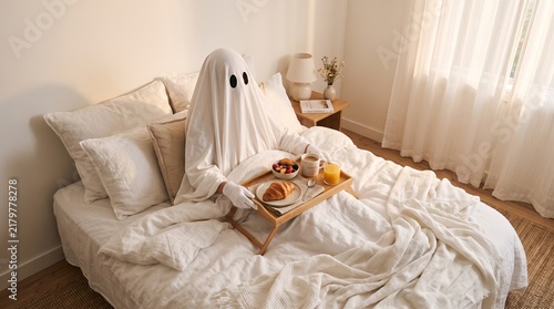 A person dressed as a ghost having breakfast in bed with a cozy setting. Concept of humor, Halloween, home comfort, and relaxation, useful for lifestyle, holiday, and design projects. Generative AI.