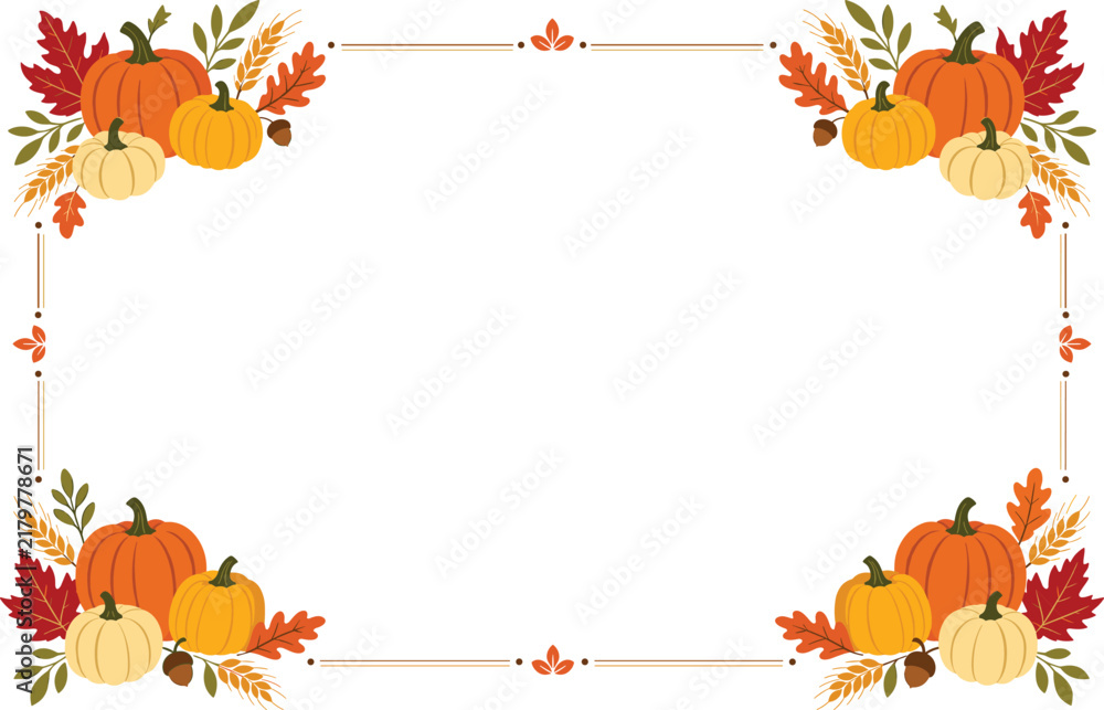 Fototapeta premium Thanksgiving Day Decorative Border Vector Illustration with Pumpkins, Corn, Wheat, Autumn Leaves and Ornamental Swirls, Harvest Festival Frame Design