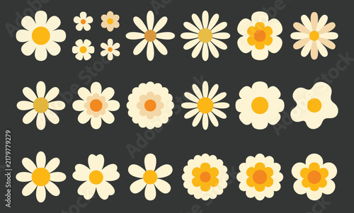 Hand-drawn daisy flower illustrations in cream, yellow and orange isolated on a dark background, collection of floral icons, botanical elements, spring and nature symbols
