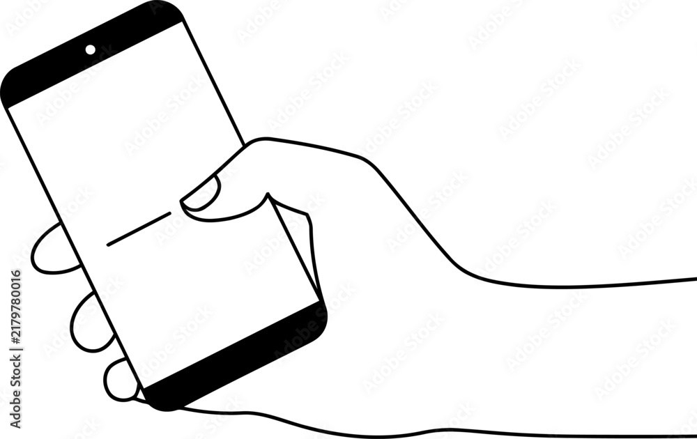 Obraz premium A hand holding a black smartphone with a blank white screen, depicted in a simple black and white line style.