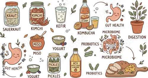 Fermented Foods and Probiotics Vector Illustration Set Featuring Kimchi Kombucha Kefir Sauerkraut and Miso for Gut Health and Digestive Wellness Concepts