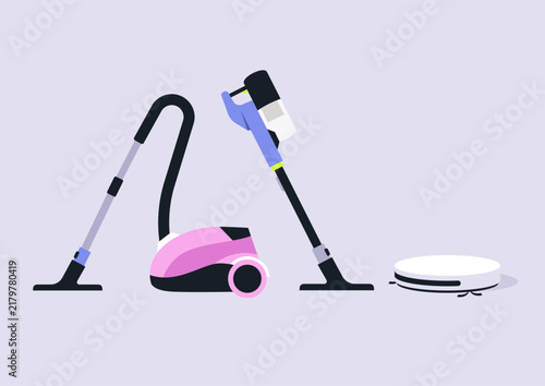 A charming array of domestic chores tools stands on display, showcasing a vacuum cleaner, stick vacuum, and a robotic cleaner, ready to conquer dust and dirt in a cozy home.
