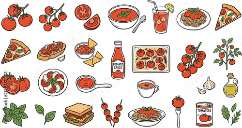 Tomato and Italian Food Cuisine Doodle Asset Set with Hand Drawn Pasta Pizza Soup Salad and Condiments for Restaurant Menu Cooking Graphics