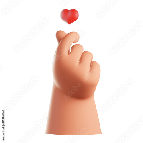 Foto 3D cartoon hand making Korean finger heart gesture with red heart floating above, love sign on transparent background