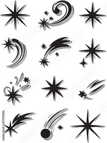Collection of Shooting Star Icons in Black Silhouette Vector Style for Celestial Fantasy