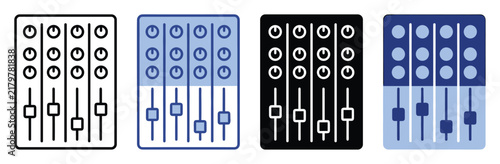 Audio mixing console icon set showing music mixer board, sound equalizer, volume sliders and knobs in outline, glyph and flat color vector style