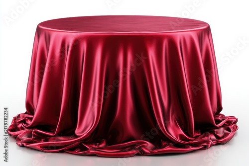A round table covered with a luxurious deep red satin tablecloth draped elegantly to the floor, isolated on white background