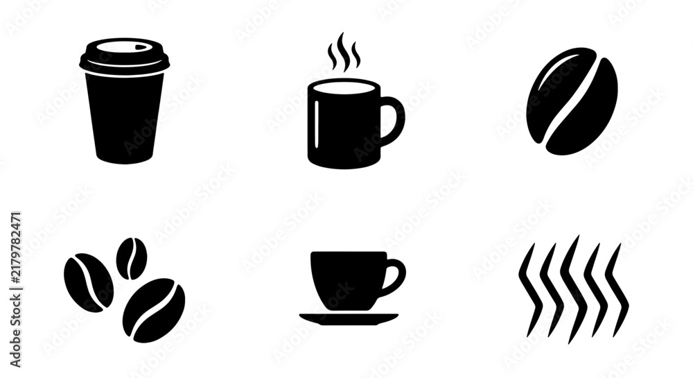 Fototapeta premium Coffee Icons Set: Hot Beverage Cups, Espresso, Beans, Steam, Vector Graphics for Cafes
