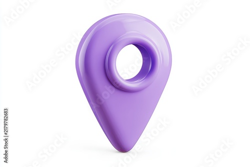 A glossy purple location pin icon with a circular hole in the center, representing navigation, gps, travel, and mapping, isolated on white background