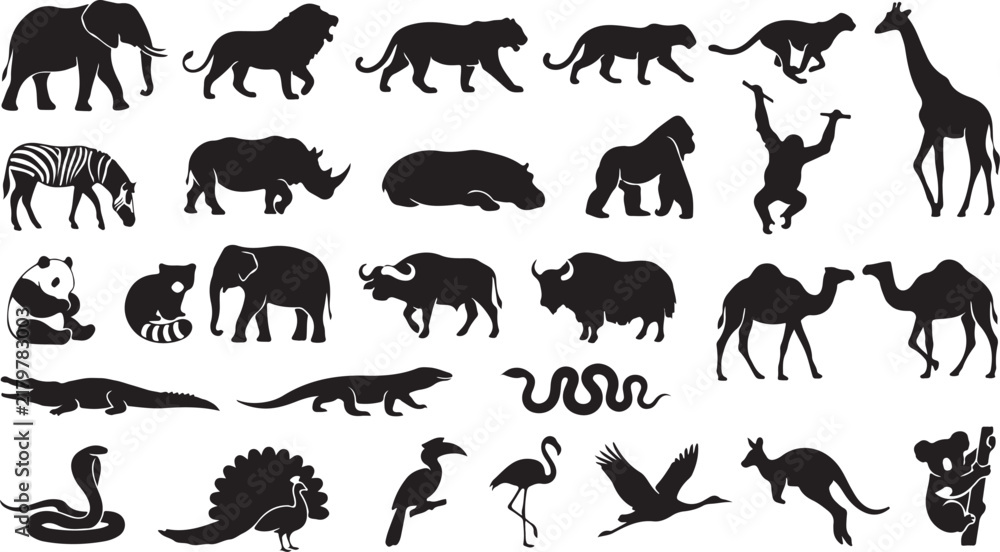 Obraz premium Set of wild animal silhouettes including elephant lion tiger monkey and giraffe with animal silhouette