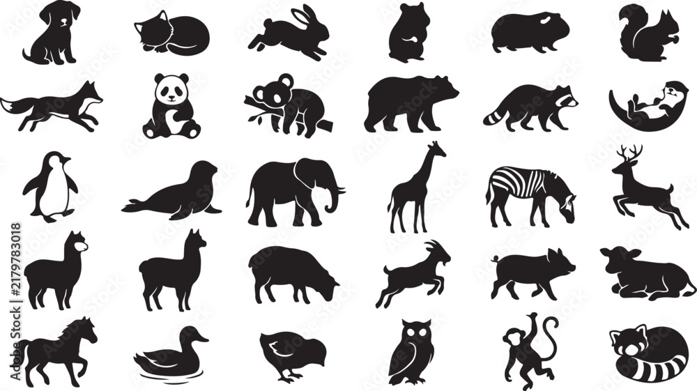 Fototapeta premium Collection of various domestic and wild animal silhouettes including dog cat rabbit and bird