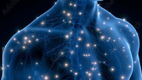 Glowing points show chronic pain symptoms in fibromyalgia affecting the human body