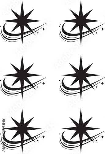 Collection of Shooting Star Icons in Black Silhouette Vector Style for Celestial Fantasy