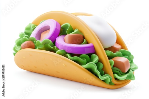 3d illustration of a delicious taco with lettuce, onion, and meat isolated on white background