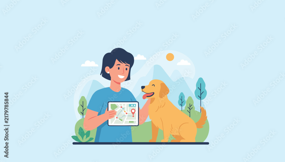 Fototapeta premium Young woman uses a tablet for GPS navigation while enjoying a peaceful walk with her golden retriever in a beautiful park.