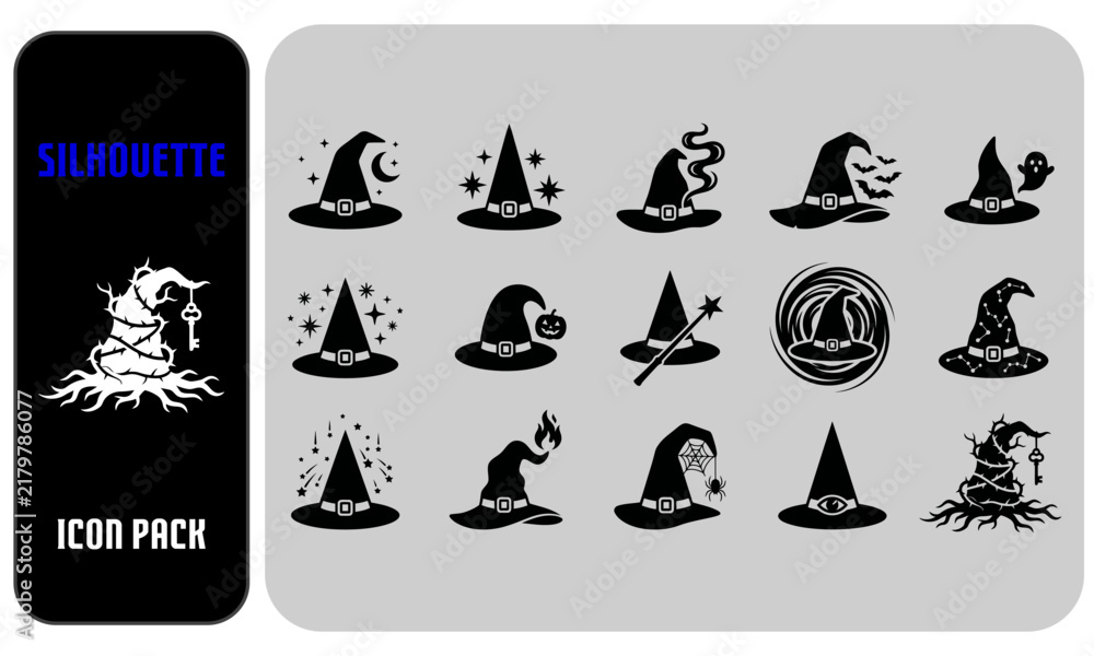 Fototapeta premium A collection of fifteen black and white witch hat icons for halloween design projects and magical themed graphics
