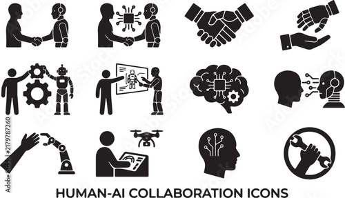 Human and AI Interaction Glyph Icon Set Black Vector