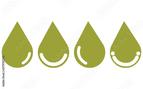 Olive water drop icons set on transparent background featuring stylized liquid shapes for graphic design elements weather forecast and plumbing logo.