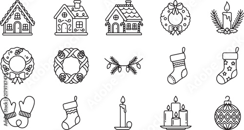 Christmas Line Art Icons Set with Wreath and Candle Vector