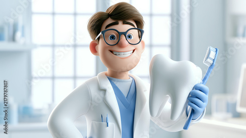 A cheerful dentist holding a toothbrush and tooth model, promoting oral hygiene in a bright dental clinic environment.