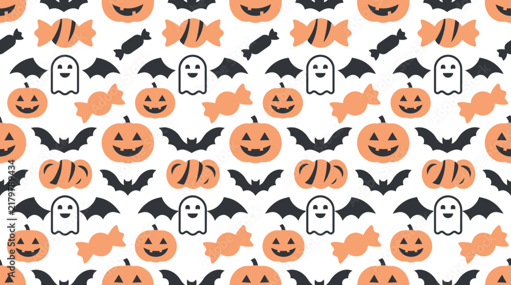 Fototapeta premium Halloween Pattern with Pumpkins Bats and Ghosts.