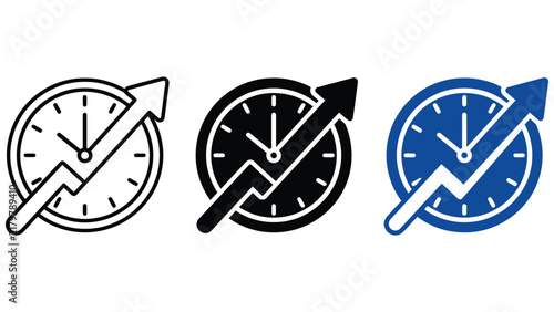 Three clock with upward trending arrows in outline, solid black, and solid blue styles, isolated on a white background, for time analysis