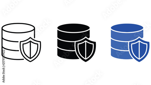Three database server with a protective shield, shown in outline, solid black, and solid blue styles on a clean white background, for ui