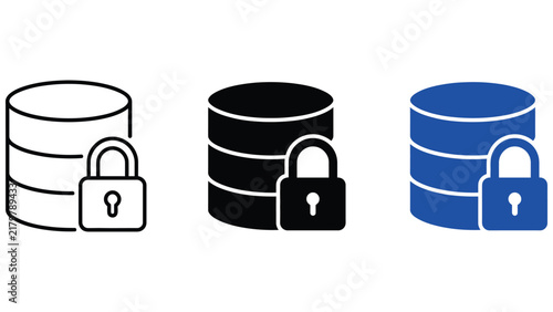 Three database server with a security padlock, displayed in outline, solid black, and solid blue styles on a white background, for web use