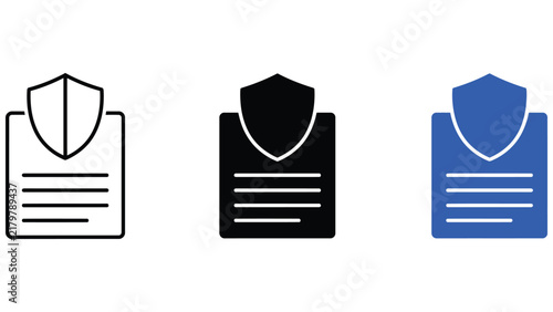 Three document or clipboard with a shield emblem, shown in outline, solid black, and blue styles on a white background, for web interface