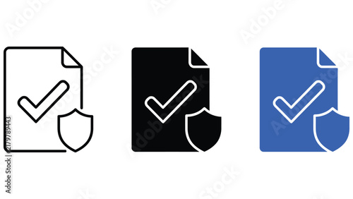 Three document with a check mark and shield symbol, shown in outline, solid black, and blue styles on a white background, for web interface